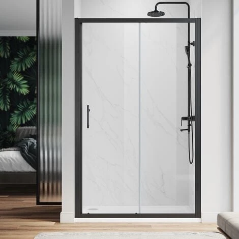 ELEGANT 1200 X 700 Mm Sliding Shower Enclosure Black Frame 6mm Glass Reversible Cubicle Shower Door Screen Panel With Shower Tray And Waste
