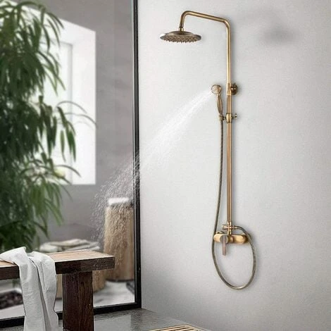 Antique Brass Bath Shower System Wall Mounted 8'' Rainfall Shower Head With Handheld Shower Sprayer Bathroom Mixer Single Handle Shower Tap - Image 4