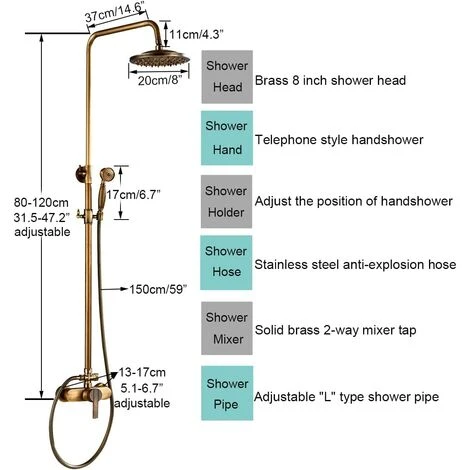Antique Brass Bath Shower System Wall Mounted 8'' Rainfall Shower Head With Handheld Shower Sprayer Bathroom Mixer Single Handle Shower Tap - Image 5