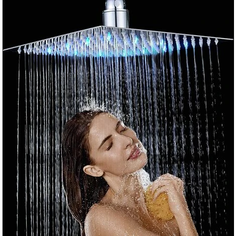 LED 16 Inch Rainfall Shower Head Square Ultra Thin Temperature Sensor 3 Colors Changing Chrome Polished Stainless Steel