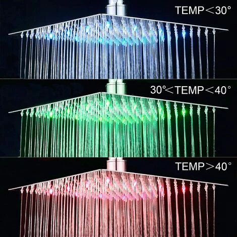 LED 16 Inch Rainfall Shower Head Square Ultra Thin Temperature Sensor 3 Colors Changing Chrome Polished Stainless Steel - Image 2