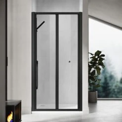 ELEGANT 760mm Bi-Fold Shower Door Reversible Folding Glass Inner Opening Design Shower Enclosure Cubicles Door Matt Black Frame