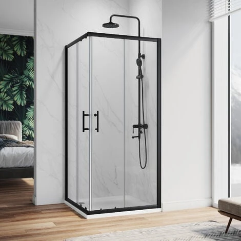 ELEGANT 760 X 760 Mm Sliding Corner Entry Shower Enclosure Door Cubicle Matt Black Frame