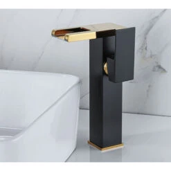 Waterfall LED Bathroom Mixer, Black Gold Accent