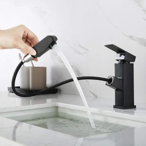 Basin Mixer Tap With Pull Out Spray, Black Bathroom Mixer Tap, Tap Height 18mm