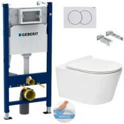 Geberit Toilet Set Duofix Cistern Frame 112cm + WC Rimless SAT Brevis + Ultra-thin Seat, Softclose + White Flush Plate (BrevisGeb3)