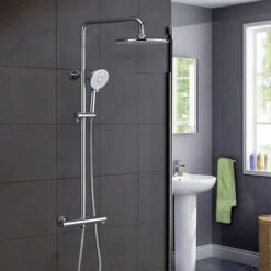 AICA Bathroom Thermostatic Mixer Shower Set Square Silver Twin Head Exposed Valve 255mm Round