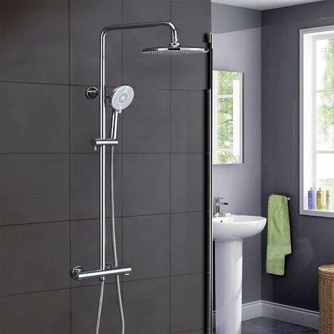 AICA Bathroom Thermostatic Mixer Shower Set Square Silver Twin Head Exposed Valve 255mm Round