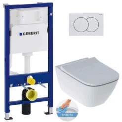 Geberit Toilet Set Duofix Support Frame + Geberit Smyle Rimfree Toilet + Softclose Seat + White Flush Plate (SmyleGeb1)