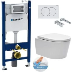 Geberit Toilet Set Support Frame 112cm + Swiss Aqua Technologies Rimless Toilet + White Flush Plate + Insulation Set