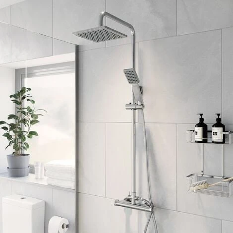 Bathroom Thermostatic Mixer Shower Set Square Chrome Twin Head Exposed Valve - Image 4
