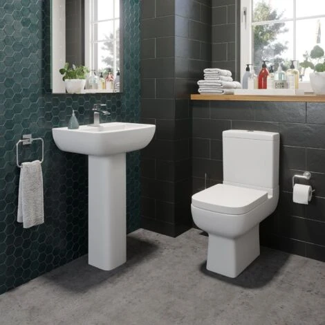Close Coupled Toilet WC Modern Square Ceramic Soft Close Seat Pan - Image 2