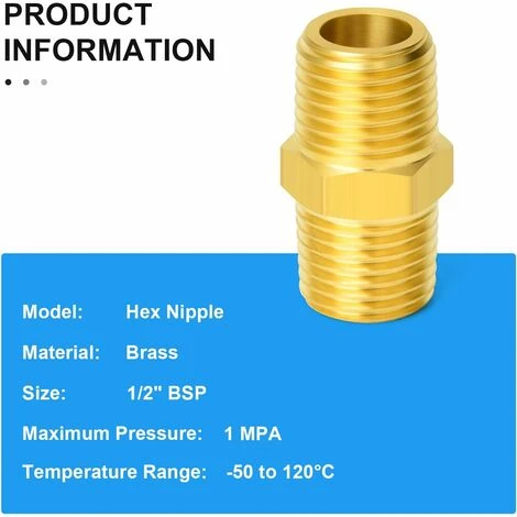 5 Pieces 1/2" X 1/2" Brass BSP Male Hex Nipple Fitting, Male To Male Straight Connector - MODOU - Image 3