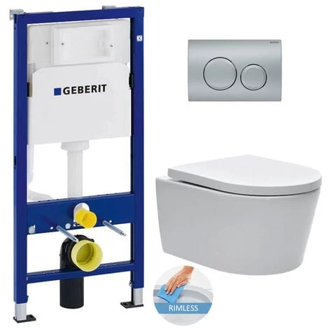 Geberit Toilet Set UP100 Support Frame + SAT Wall-hung Rimless Toilet And Invisible Fixings + Delta20 Matt Chrome Plate