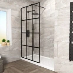 Stanley 1200mm Black Grid Framed Walk-In Shower Enclosure With Support Bar