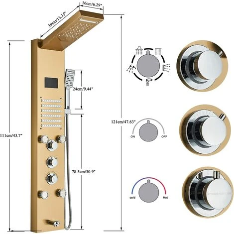 LED Hydromassage Shower Column Mixer 5 Functions Shower Panel Set For Bathroom Stainless Steel System Set With Fixed Shower Head,Massage,Hand Shower And Spout Bathtub - Image 5