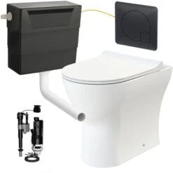 Rimless D Shape Back To Wall Toilet Pan With Soft Close Seat & Concealed Cistern Black Plate Button