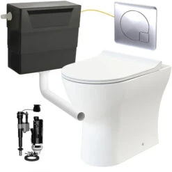 Rimless D Shape Back To Wall Toilet Pan With Soft Close Seat & Concealed Cistern Chrome Plate Button