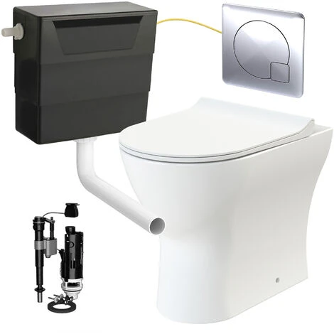 Rimless D Shape Back To Wall Toilet Pan With Soft Close Seat & Concealed Cistern Chrome Plate Button