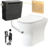 Rimless D Shape Back To Wall Toilet Pan With Soft Close Seat & Concealed Cistern Brushed Brass Plate Button