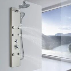 Shower Panels System With 8-inch Rainfall Shower, 6 Body Jets And 5-Setting Handheld Shower Wand, Shower Tower With Adjustable Head, Stainless Steel Brushed