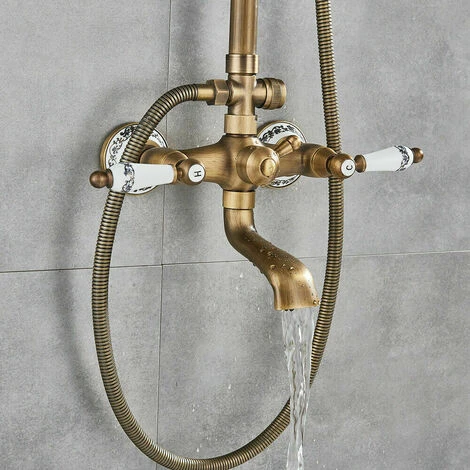 Wall Mount Antique Brass 8'' Round Shower Head Triple Function Exposed Pipe Shower System Mixer Shower Faucet Sets With 2 Lever Knobs Handheld Sprayer With Tub Spout - Image 4