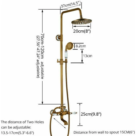 Wall Mount Antique Brass 8'' Round Shower Head Triple Function Exposed Pipe Shower System Mixer Shower Faucet Sets With 2 Lever Knobs Handheld Sprayer With Tub Spout - Image 5