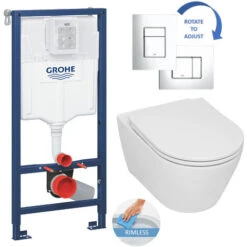 Grohe Toilet Set Rapid SL Support Frame + Serel SP26 Rimless Toilet, Invisible Fixings + Softclose Seat + Chrome Plate