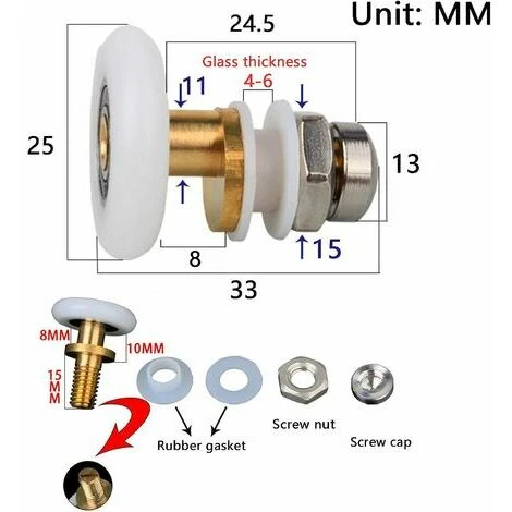 Set Of 4 Shower Enclosure Rollers, Sliding Door Rollers, Shower Door Rollers, Shower Door Rollers, 25mm Shower Enclosure Rollers, Cabin Rollers - Image 2