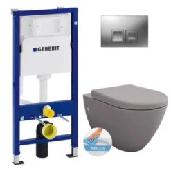 Geberit Toilet Set Duofix UP100 Support Frame + Livea Bello Rimless Toilet, Matt Grey + Softclose Seat + Matt Chrome Plate