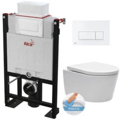Alca 85cm Low Height Wall Hung Toilet Set With Swiss Aqua Technologies Rimless Toilet And Gloss Chrome Plate (Alca85FSat-1-UK)