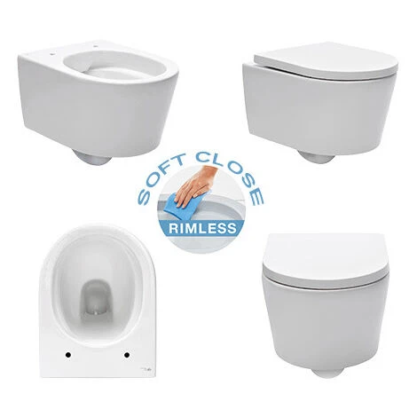 Alca 85cm Low Height Wall Hung Toilet Set With Swiss Aqua Technologies Rimless Toilet And Gloss Chrome Plate (Alca85FSat-1-UK) - Image 2