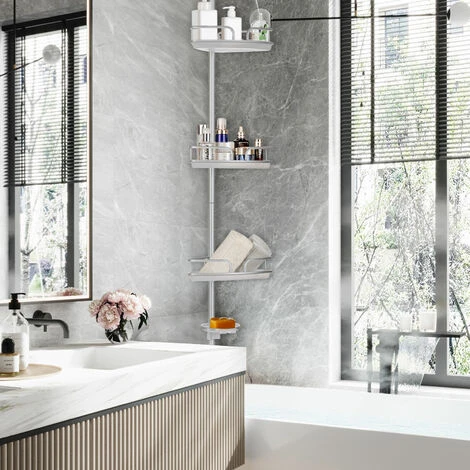 4 Tier Tension Corner Shower Caddy Rustproof Aluminum Bathroom Storage Shelves - Image 5