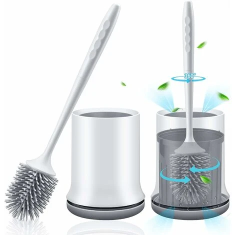 Silicone Toilet Brush With Wall And Stand Holder, Long Handled Toilet Brush And Quick Dry Holder Kit For Bathroom Cleaning And Organization - Gray