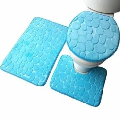 Bath Mat And Toilet Contour Set 3 Set Non-Slip Bathroom Toilet Cover (Blue)