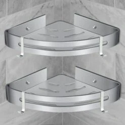 Corner Shower Shelf, Bathroom Shelf Without Drilling Basket Shower Storage Aluminum Wall Adhesive Shower Holder Organizer For Shampoo (Triangle, 2 Pieces)