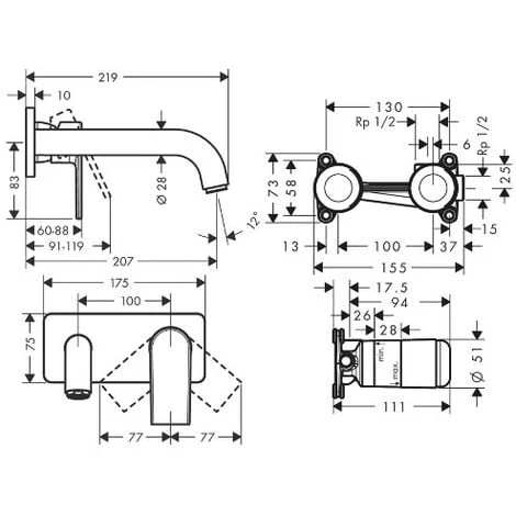 Hansgrohe Vernis Shape Set Concealed Washbasin Mixer, Black Matt, 2 Exits, 207 Mm Spout + Concealed Body (71578670-SET) - Image 4