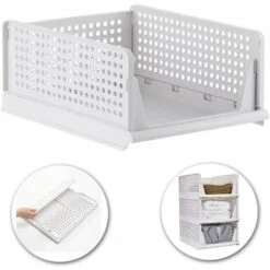 Stackable Clothes Storage Basket Organizer Sliding Wardrobe Drawer Shelf DIY Divider Separator Desk Container For Wardrobe Closet Kitchen Bathroom Office (White)