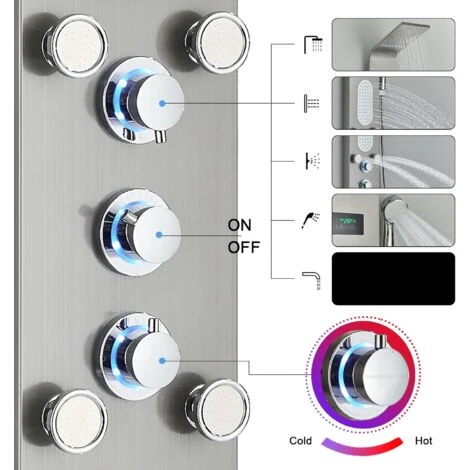 Bathroom Shower Panel Tower System LED Stainless Steel With 5 Function Shower Head Handheld Shower Massage Jets Brushed Nickel - Image 3