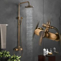 Antique Brass Shower System, Vintage Luxury Brass Shower Faucet Set, Shower Mixer Tap With Rainfall Shower Head, Handheld Shower, Rain Shower Mixer Set