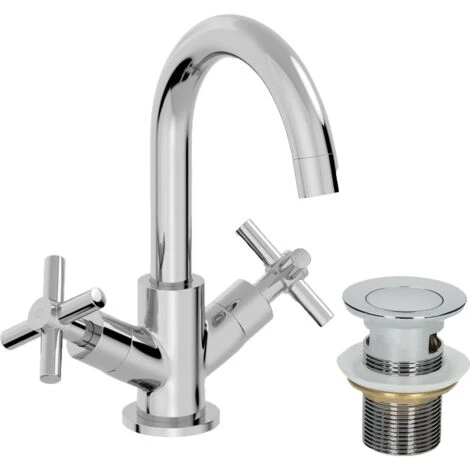 Bathroom Mono Basin Mixer Tap Waste Modern Cross Head Handle