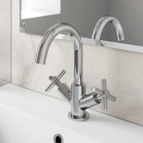 Bathroom Mono Basin Mixer Tap Waste Modern Cross Head Handle - Image 2